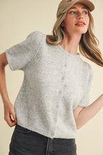 Indy Short Puff Sleeve Sweater Cardigan- Heather Gray