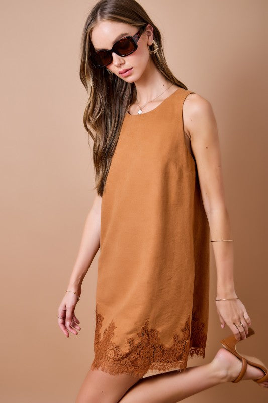 Sleeveless Suede Shift Dress with Lace Hem- Camel