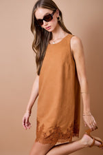 Sleeveless Suede Shift Dress with Lace Hem- Camel