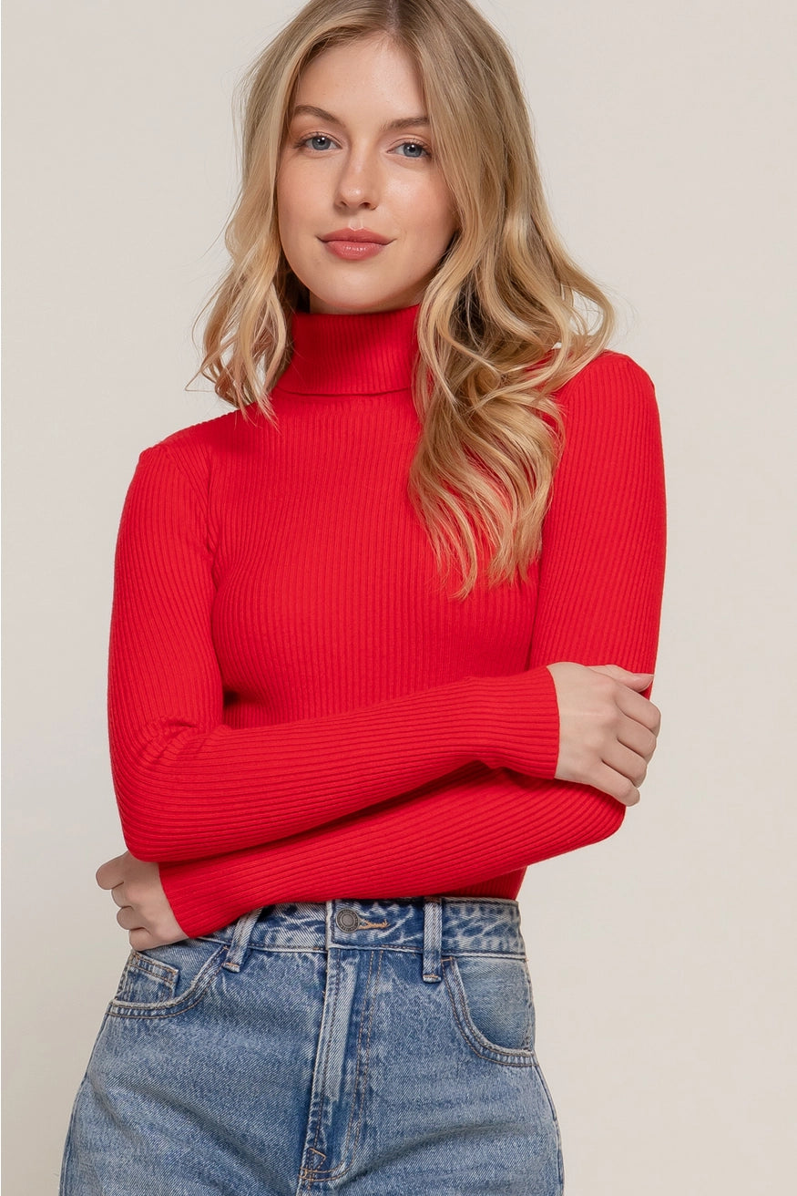 Long Sleeve Turtle Neck Fitted Viscose Rib Sweater Top- Red