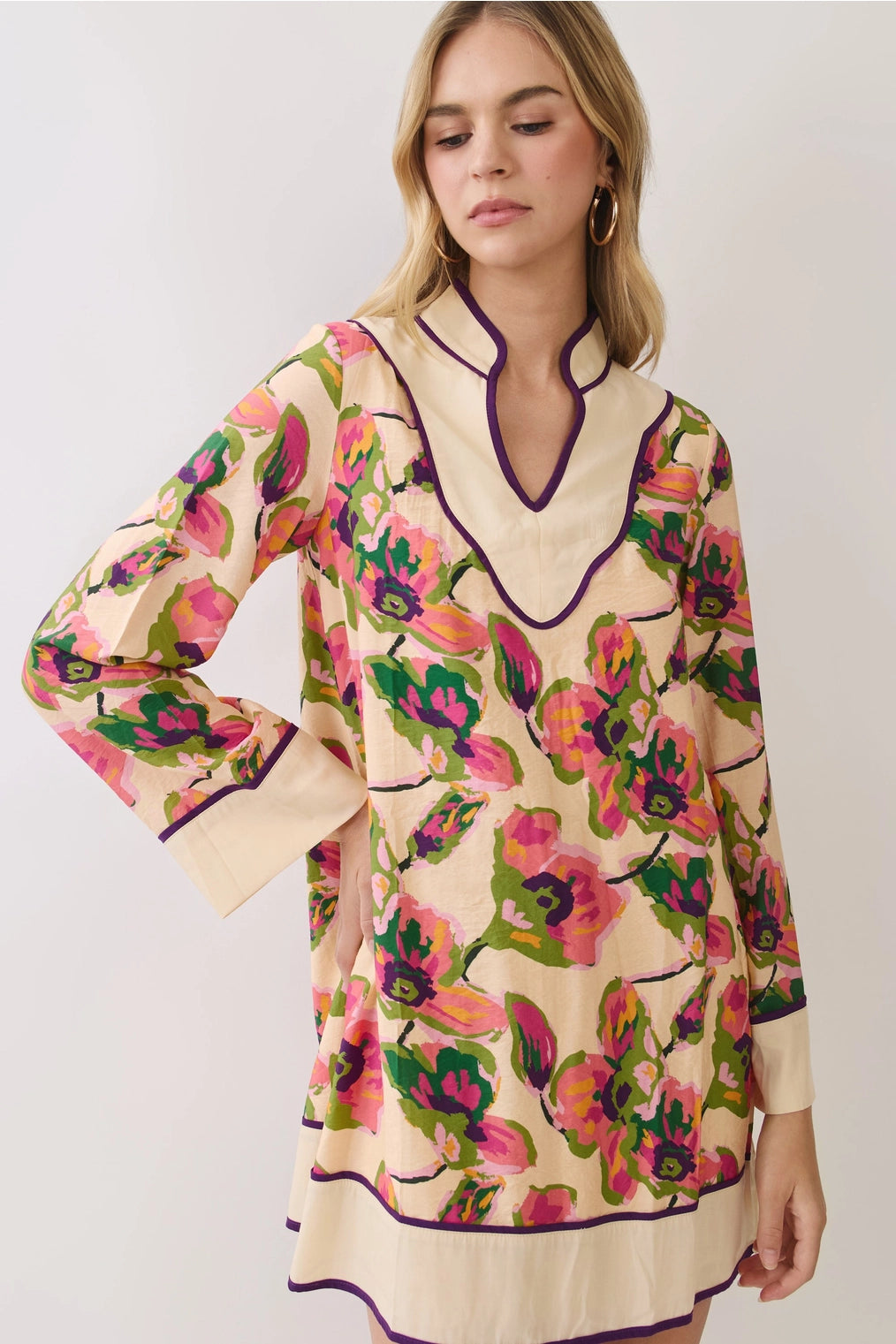 Fall Floral Contrast Trim Mini Dress