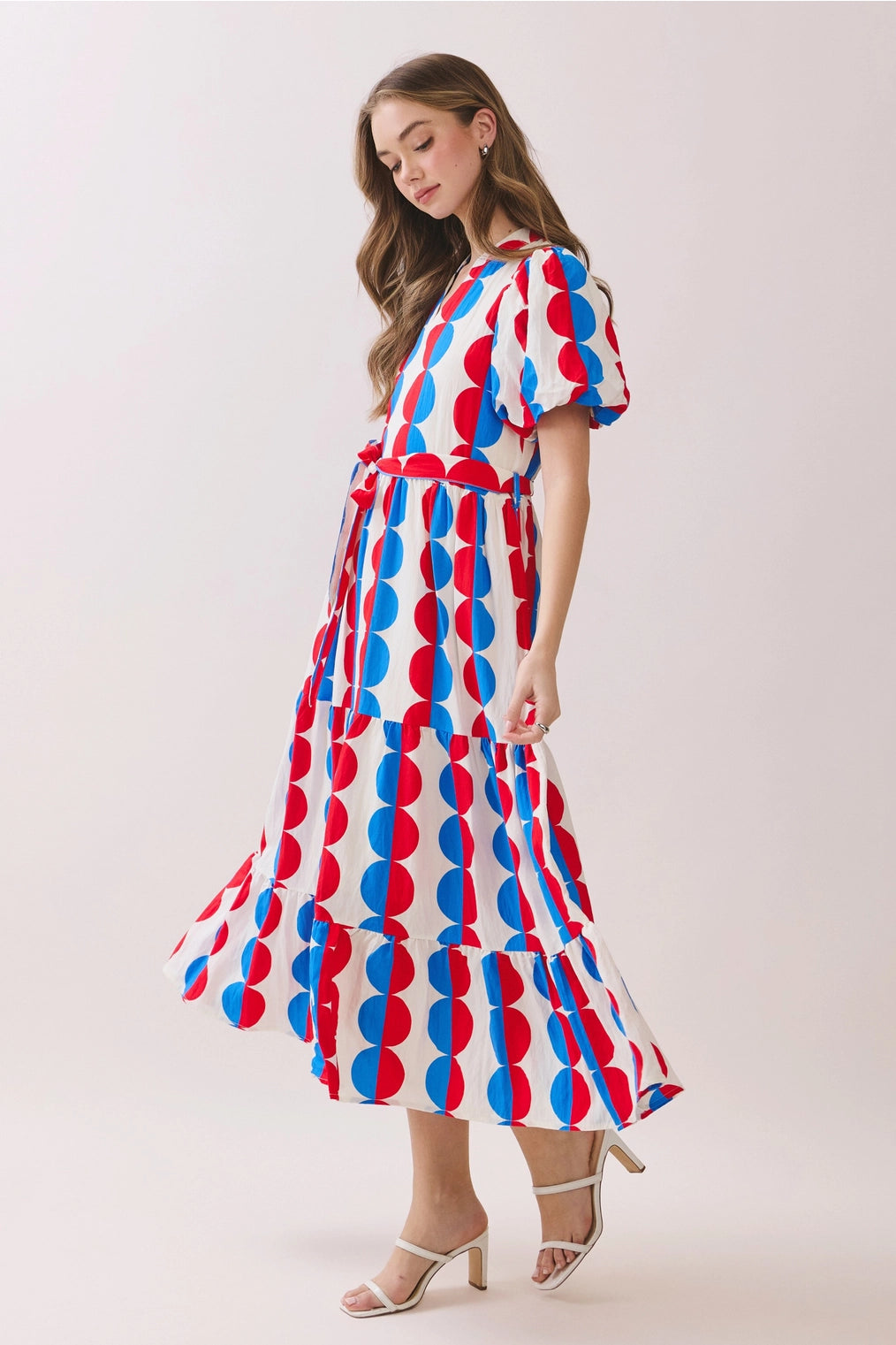 Tyra Scallop Print Self Tie Waist Tiered Midi Dress