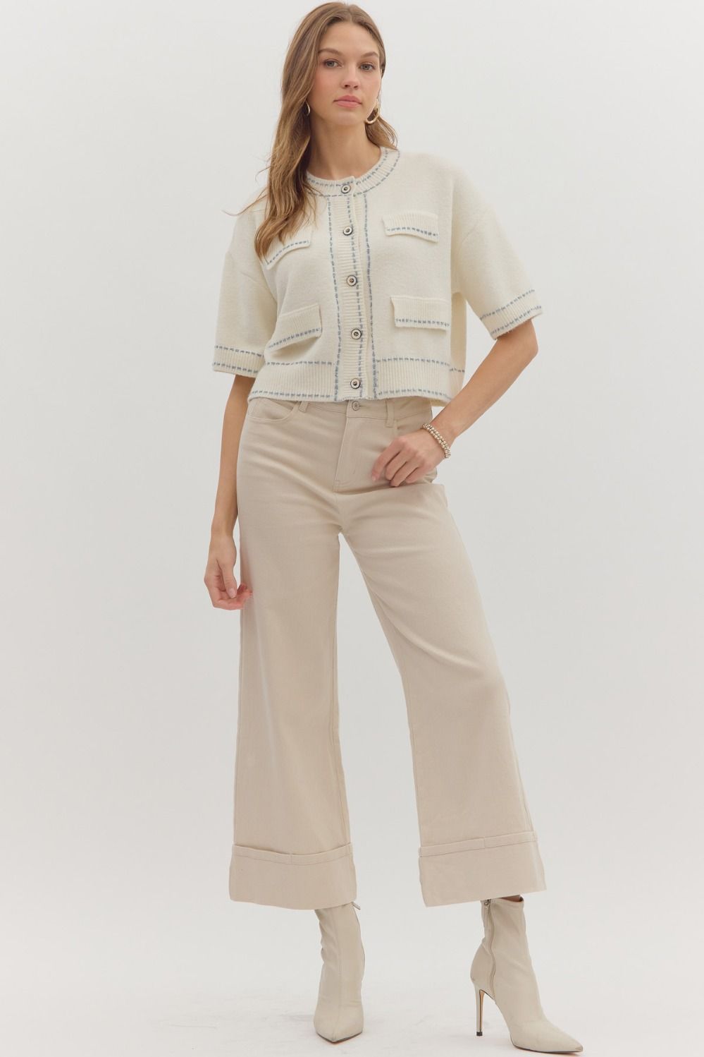 Cream Button Down Short Sleeve Cardigan With Light Blue Stitching