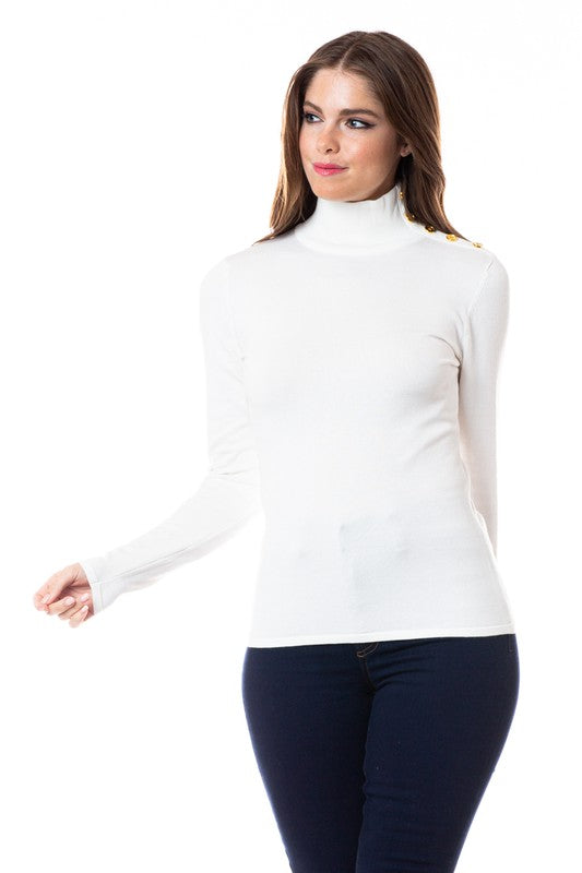 MOCK NECK GOLD BUTTON DETAIL KNIT TOP- AVAILABLE IN -Royal, Cream, Hunter , Gray, Charcoal, Burgundy, Black, Taupe S-XL