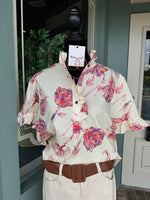 SHORT SLEEVE FLORAL TOP WITH POP RUFFLE NECK