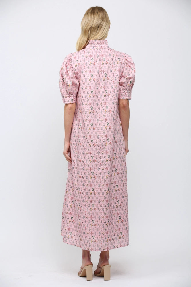 Floral High Ruffled Mock Neck Button Down Maxi Dress by Fate