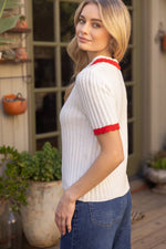 Nina Pearl Accent Button Scalloped Knit Top with Red Contrast
