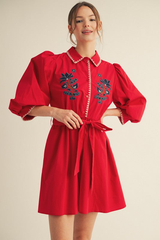 Calla Red Button Down Dress featuring Navy Floral Embroidery and Self Tie Waist