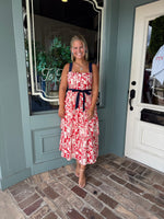 RED AND NAVY ABSTRACT PRINT TIERED MAXI DRESS