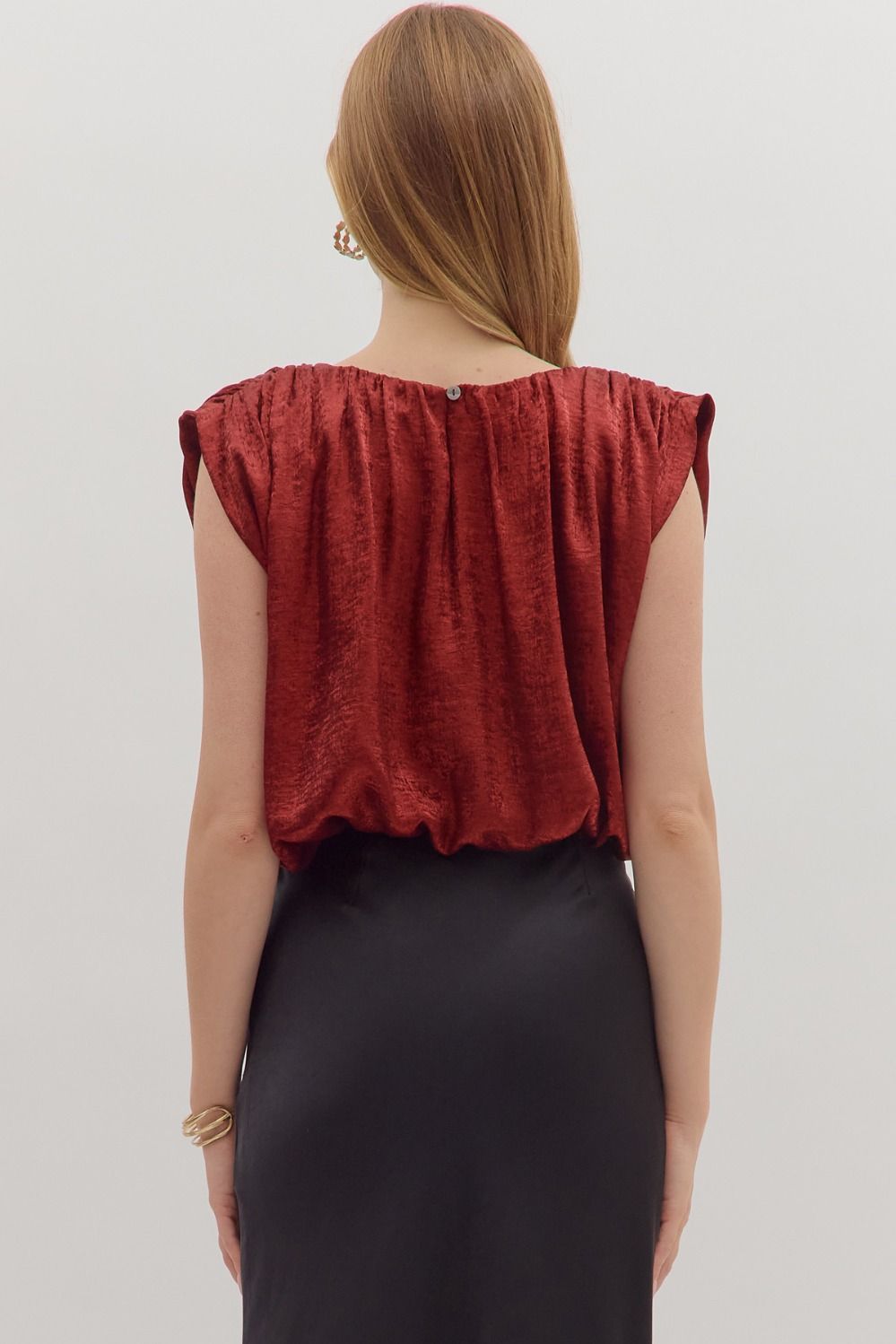 Pleated Bubble Hem Top-Ruby Red