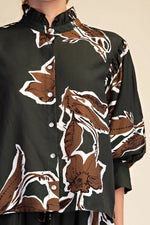 Eloise Ruffle Neck Puff Sleeve Button Down Blouse- Hunter Green