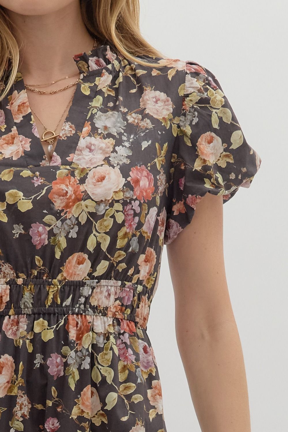Chocolate Floral Puff Sleeve Tiered Maxi Dress with Side Pockets