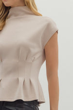 Butter Soft Mock Neck Top featuring Pleated Waist Shaping- Oatmeal