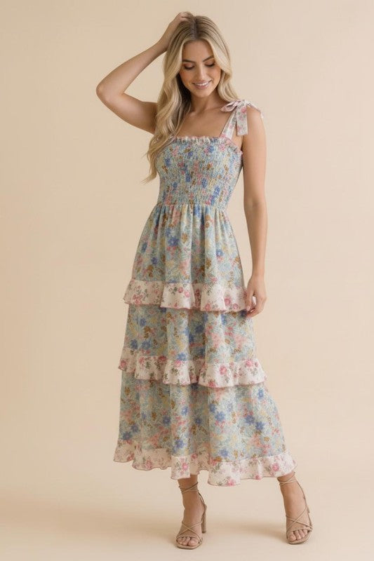 Susanna Floral Tiered Midi with Self Tie Straps