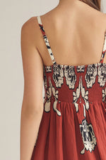 Liza Floral Pleated Neckline Sleeveless Maxi Dress- Brick