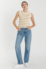 Taupe Striped Sleeveless Crew Neck Sweater Top