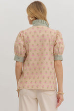 Jillian Floral Top with Stripe Collar and Cuff Accents
