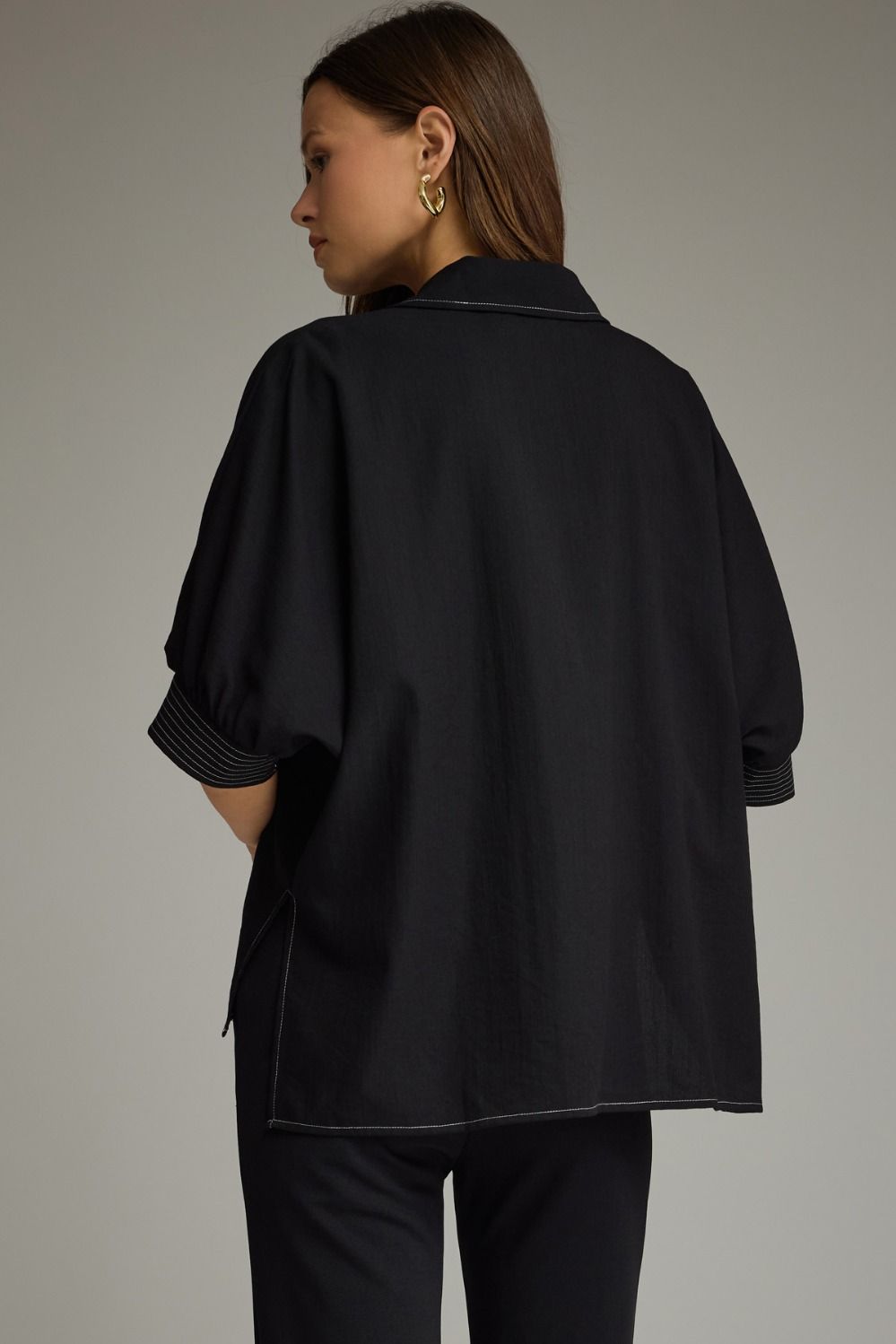 Heidi Black Collared V Neck Top with White Stitching Detail