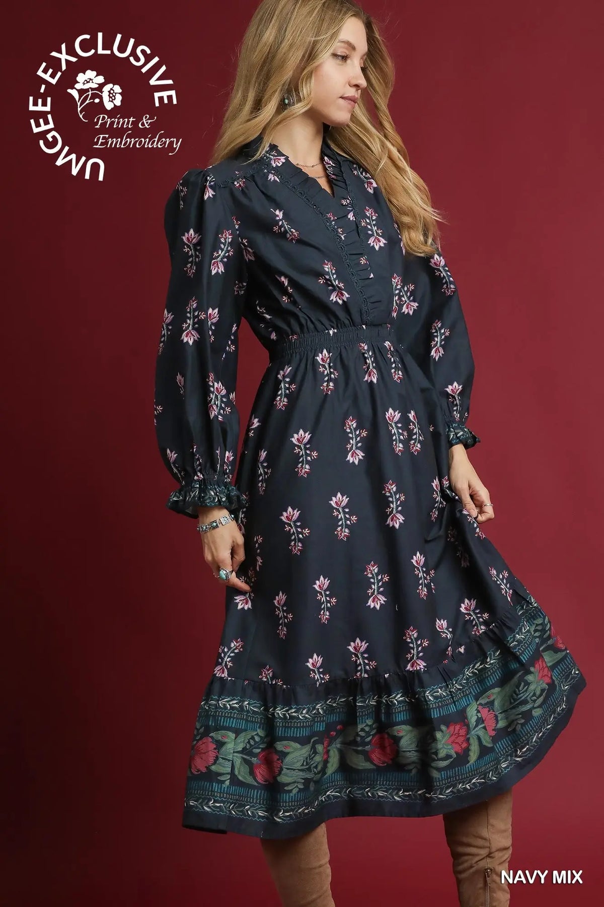 Navy Floral Midi Dress with Smocked Waist & Ruffle Trim