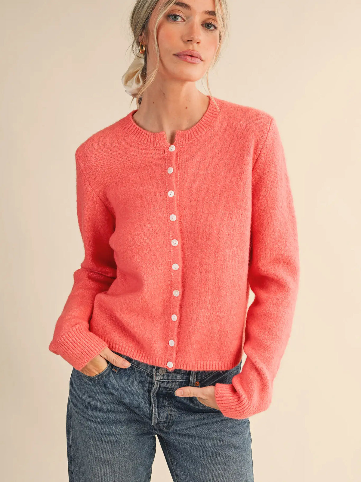 Marled Knit Button Up Sweater Cardigan-Coral