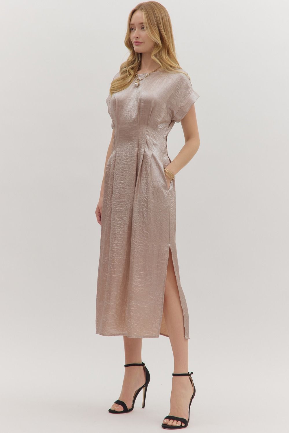 Champagne Pleated Waist Midi Dress