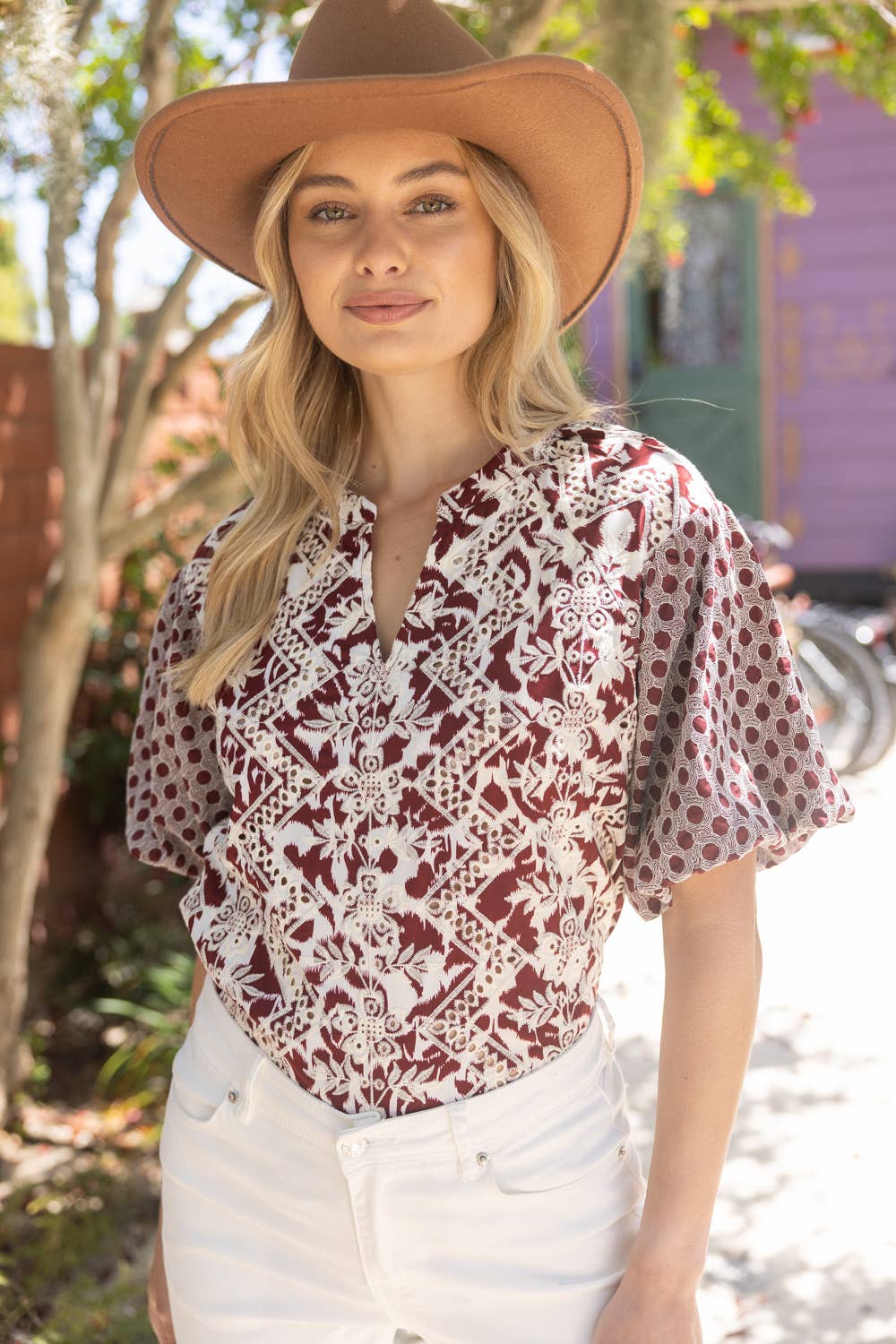 Maroon Embroidered Print Mixed Top