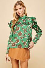 Satin Puff Long Sleeve Top with Brown Floral