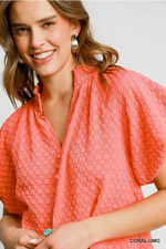 Coral Textured Puff Sleeve Top