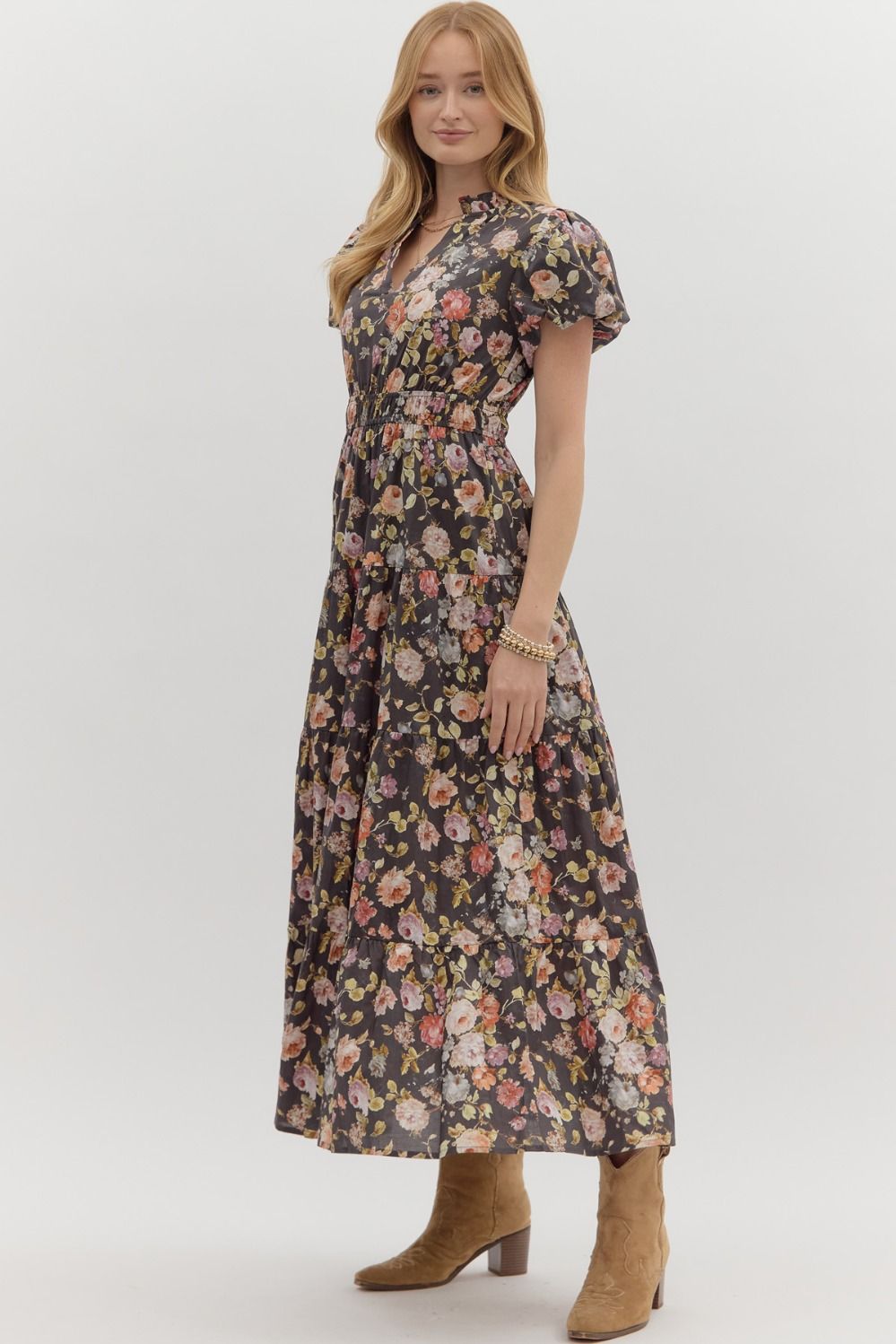 Chocolate Floral Puff Sleeve Tiered Maxi Dress with Side Pockets