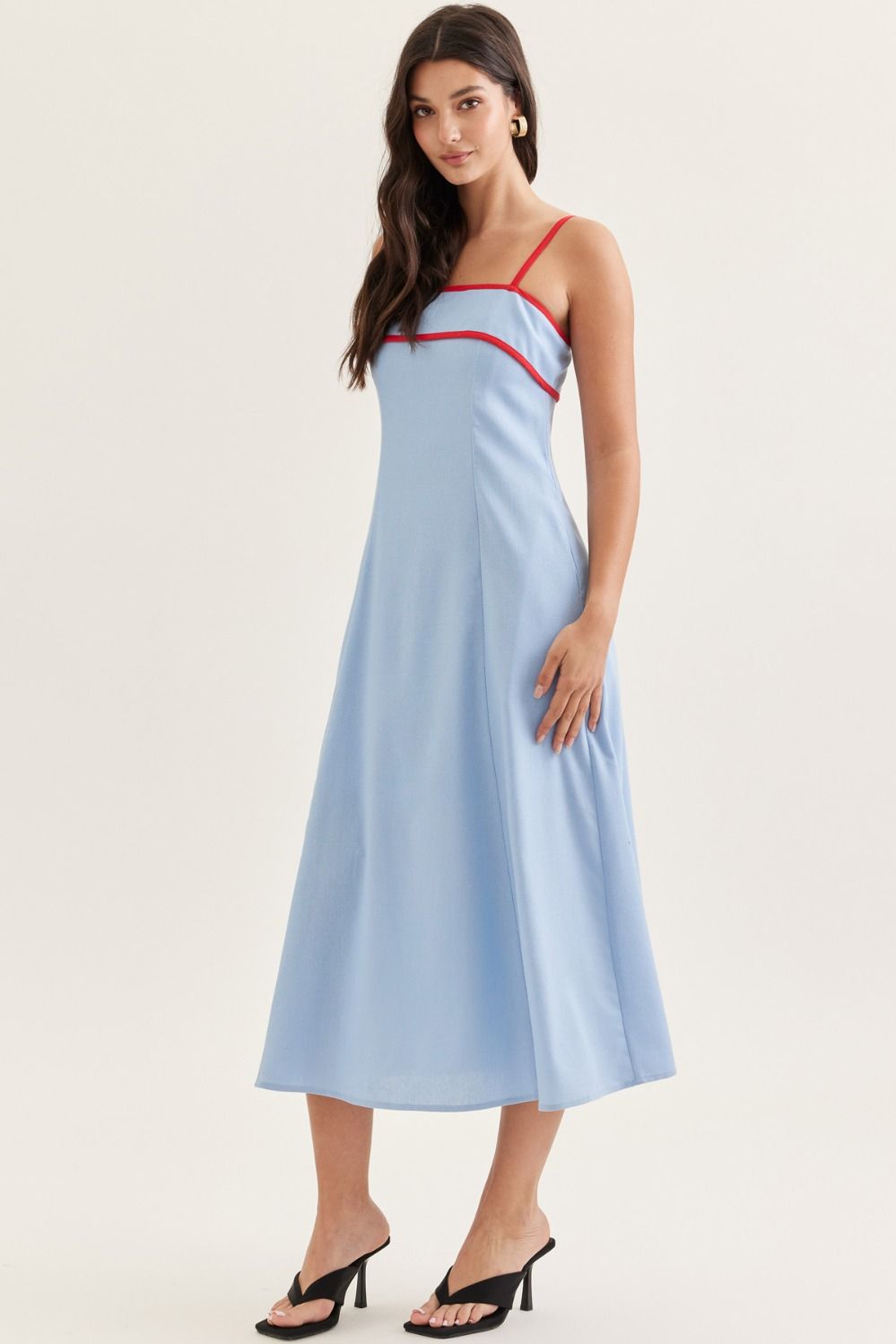 Nina Solid Blue Midi with Red Piping Contrast