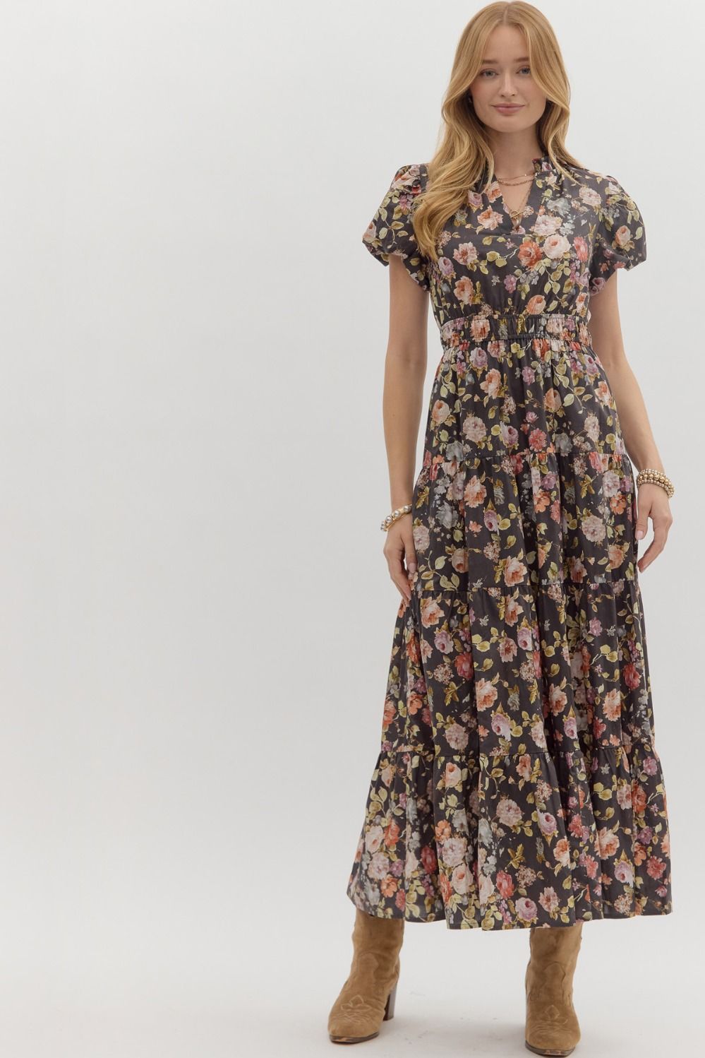 Chocolate Floral Puff Sleeve Tiered Maxi Dress with Side Pockets