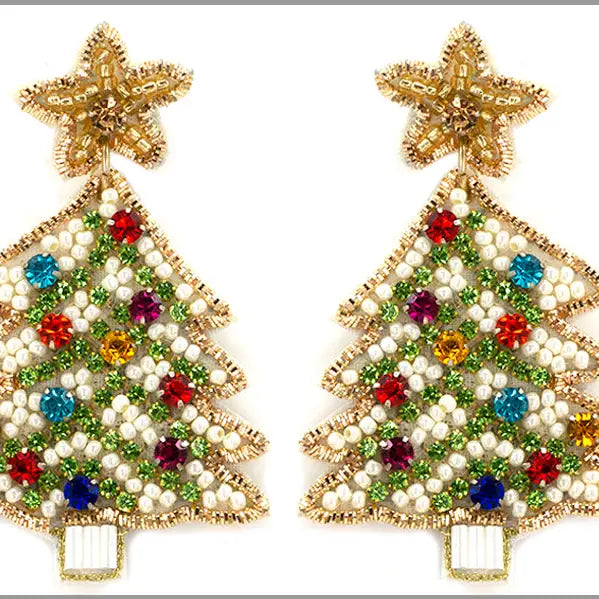 WHITE WITH COLOR RHINETSONE ACCENTS SEED BEAD CHRISTMAS TREE EARRING