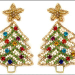 WHITE WITH COLOR RHINETSONE ACCENTS SEED BEAD CHRISTMAS TREE EARRING