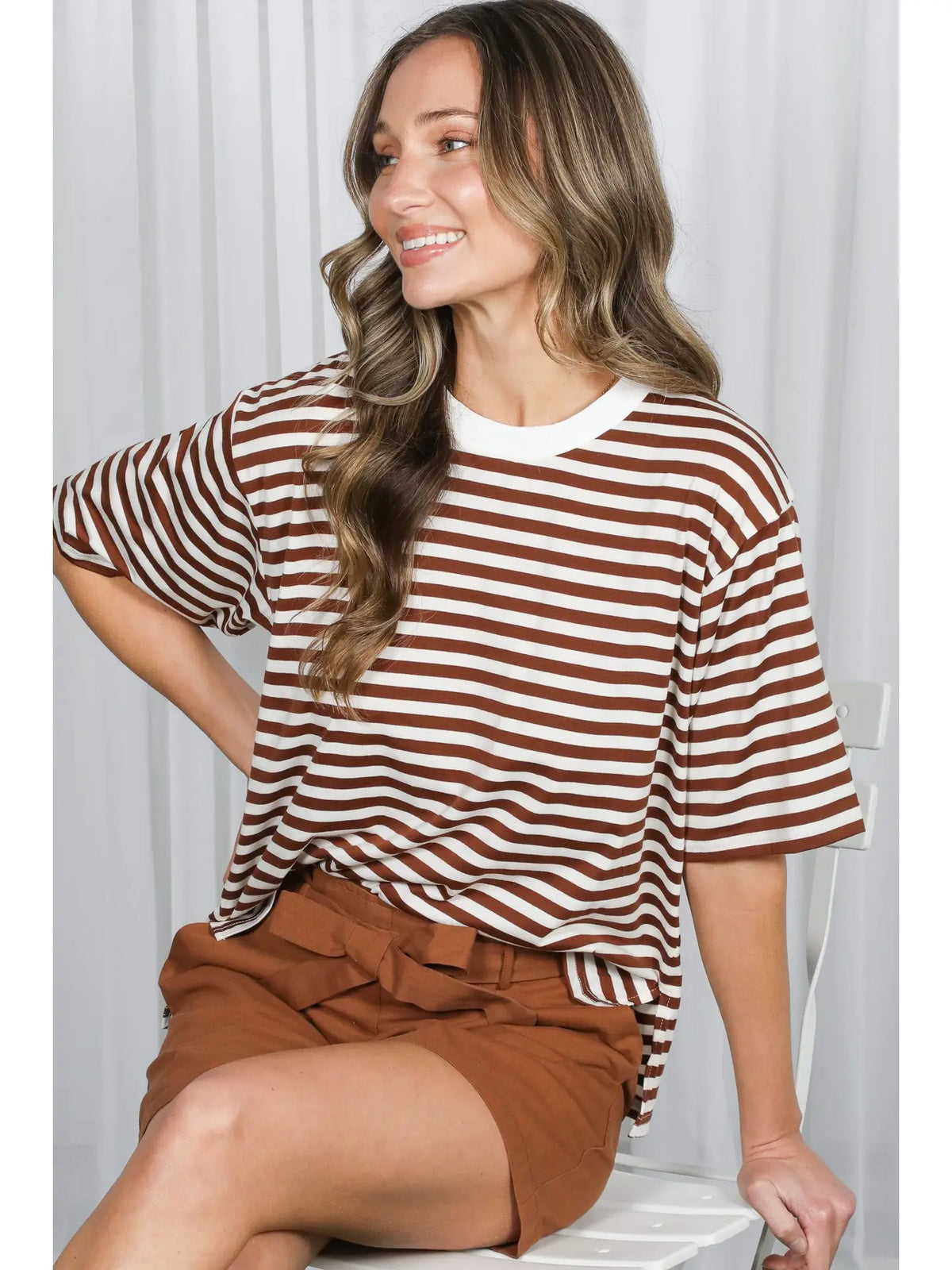 Everyday Crew Neck Short Sleeve Striped Knit T-Shirt Top -* available in Chocolate, Green, Red, Blue