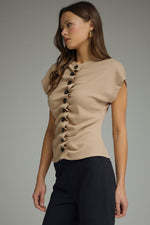 Soft Taupe Cap Sleeve Top With Button Down Cinch Detail