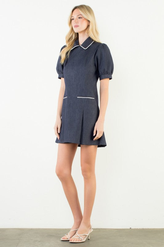 Puff Sleeve Collared Denim Dress by THML