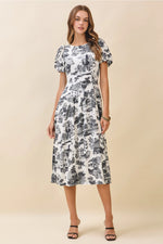 Black Toile Print Fitted Waist Puff Sleeves Midi