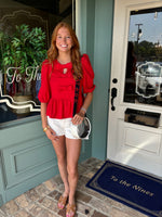 Red 3/4 Length Puff Shoulder Bow Detail Top