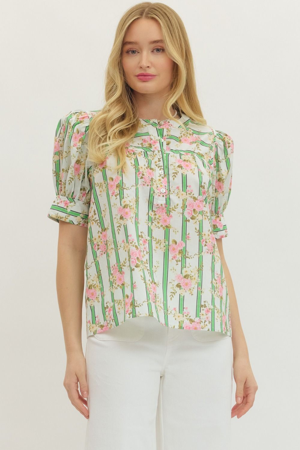 Botanical Stripe Puff Sleeve Button Down Top with Self Tie Cuff Detail
