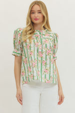 Botanical Stripe Puff Sleeve Button Down Top with Self Tie Cuff Detail