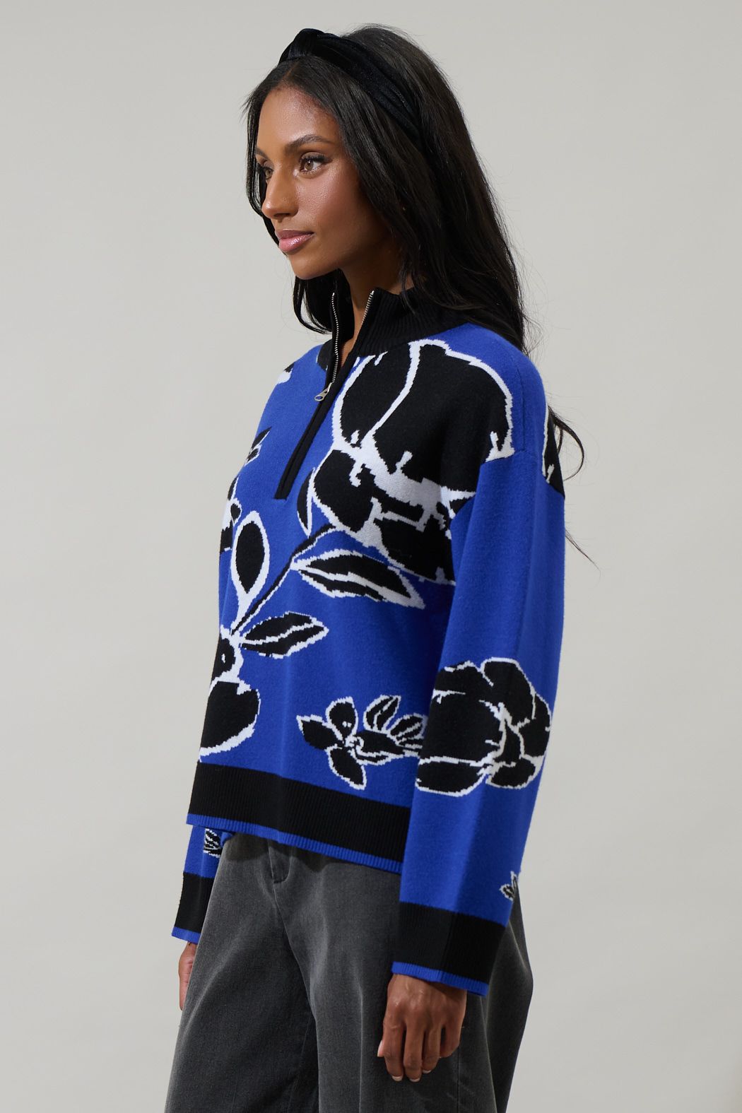 Carrey Floral Zip Up Sweater- Cobalt