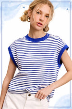 Nautical Cap Sleeve Striped Top- Royal Blue
