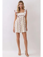Flutter Ruffle Strap Baby Doll Mini Dress with Tie Back Detail - Maroon/Cream