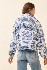 Navy Vintage Print Zip Snap Button Puffer Jacket