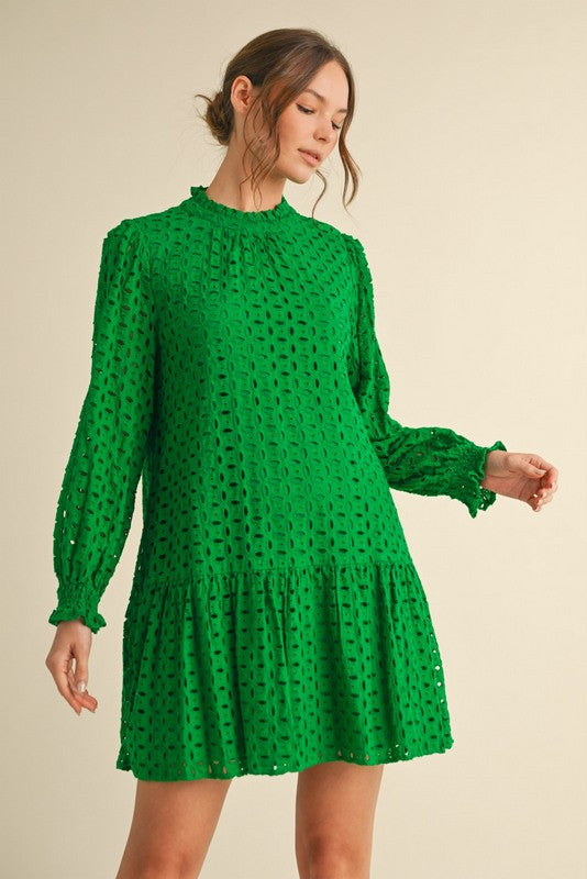 Long Sleeve Eyelet Drop Hem Mini Dress