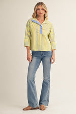 Lauren Striped Top with Gold Button Accent - Light Yellow/ Blue