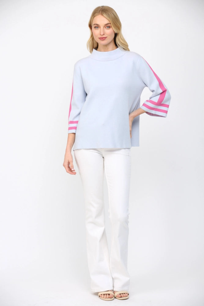 Audrey Striped Mock Neck Sweater - Powder Blue/Pink