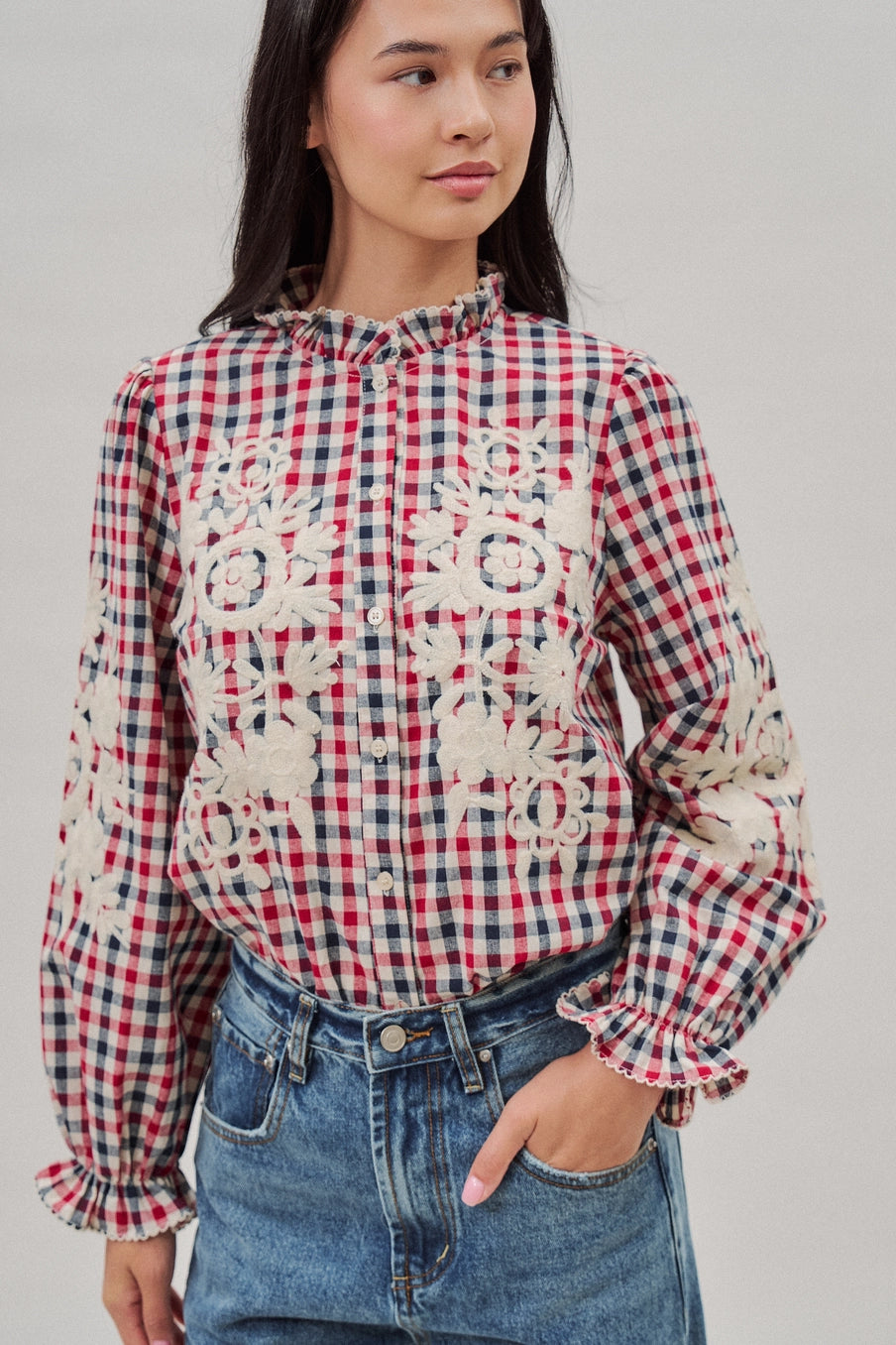 Floral Embroidered Gingham Blouse with Ruffle Collar- Red/Navy