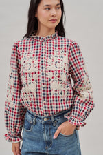 Floral Embroidered Gingham Blouse with Ruffle Collar- Red/Navy