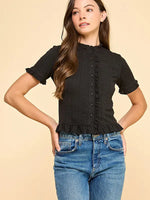Parker Cable Knit Button Down Top- Black
